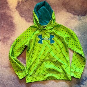 Girls Under Armour Neon Green Hoodie with Blue Dots. Size youth large.